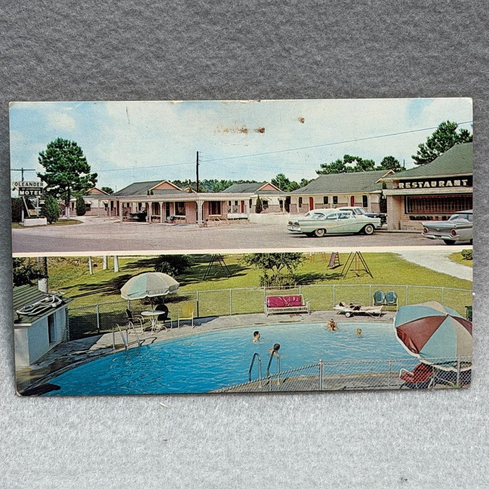 Eunice Louisiana Oleander Motel Restaurant Pool Mid Century Auto c1950s POSTCARD